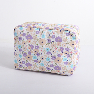 Grande Trousse de Maquillage de Voyage Personnalisée en Coton Écologique pour Femmes, avec Fermeture Éclair et Intérieur à Motif Treillis Violet, pour Cosmétiques et Fleurs - Product Image 5