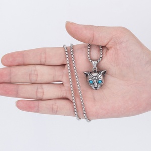 Collier pendentif tête de chat en acier inoxydable, best-seller, avec pierre et œil coloré - Product Image 1