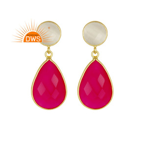 Piedra de la Luna y Piedra Rosa de Calcedonia, colgante de diseñador, chapado en oro, pendientes de plata 925, proveedor de joyería - Product Image 1