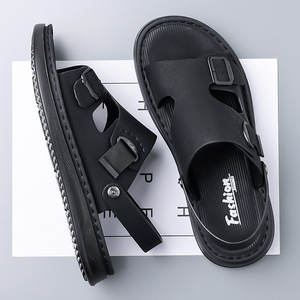 Sandales d'été pour hommes, chaussures de plage plates, antidérapantes, respirantes, en cuir, à enfiler, décontractées, kaki, noir - Product Image 2