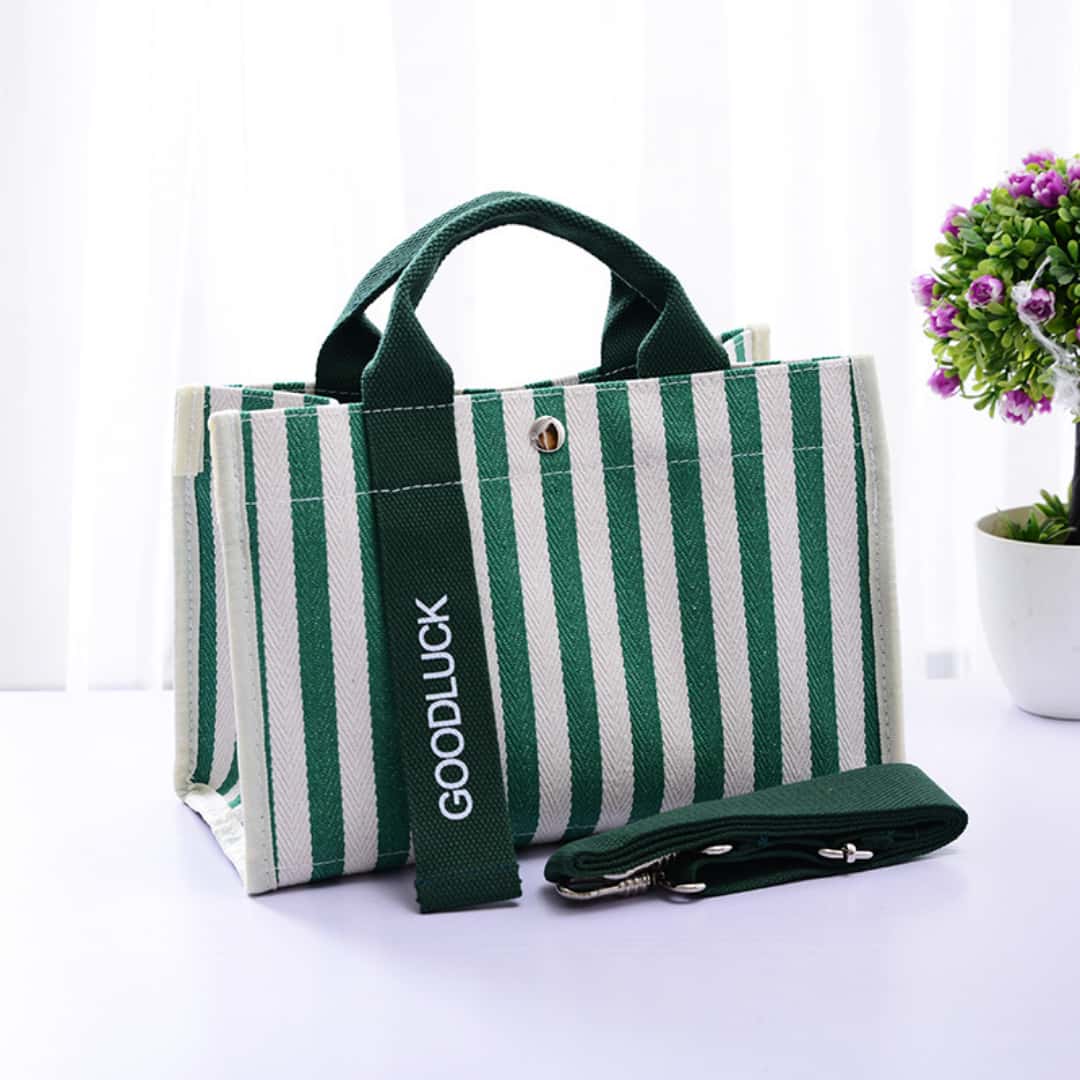 bolso tote de lona a rayas verdes