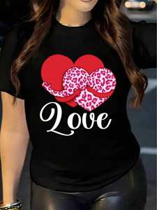 T-shirt da donna rosa con stampa leopardata e cuore, manica corta, girocollo, top casual per San Valentino, tutte le stagioni - Product Image 3