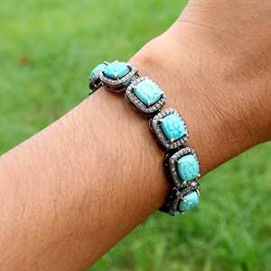 Pulsera de turquesa azul natural Pulseras de oro con diamantes 14K Oro Turquesa Diamante Compromiso Pulseras nupciales de oro - Product Image 4