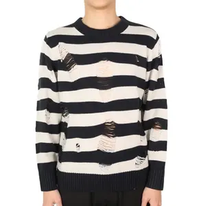 Jumper pria lengan panjang, Jumper lengan panjang bergaris, warna hitam, Pullover gaya Punk, motif garis, Sweater robek rajut