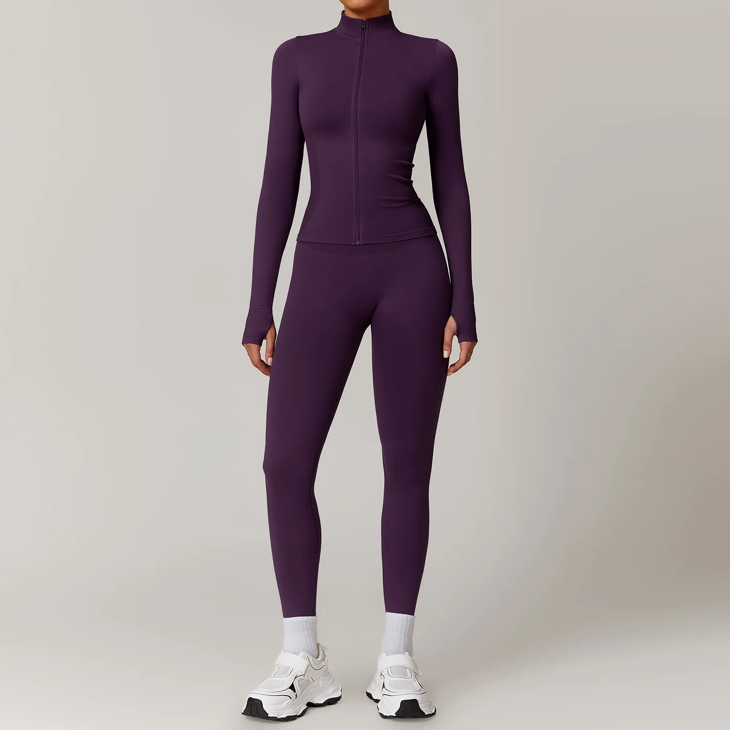 Wholesale Custom Logo Seamless Stand up Collar Zipper Yoga Set Windproof Slim Fit Warm Top Sports Running Set