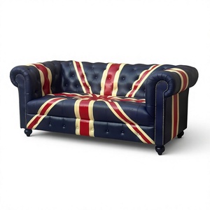 Designer Union Flag Genuine Leather <b>Foam</b> <b>Sofa</b> Deep Button Tufted Back Solid Wood Frame Rolled Arms Eco-Friendly Transitional - Product Image 1