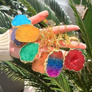 Natural Crystal Keyring Rainbow Chakra Drusy Raw Stone Irregular Big Agate Slice Key Chain for Key Handbag Decoration