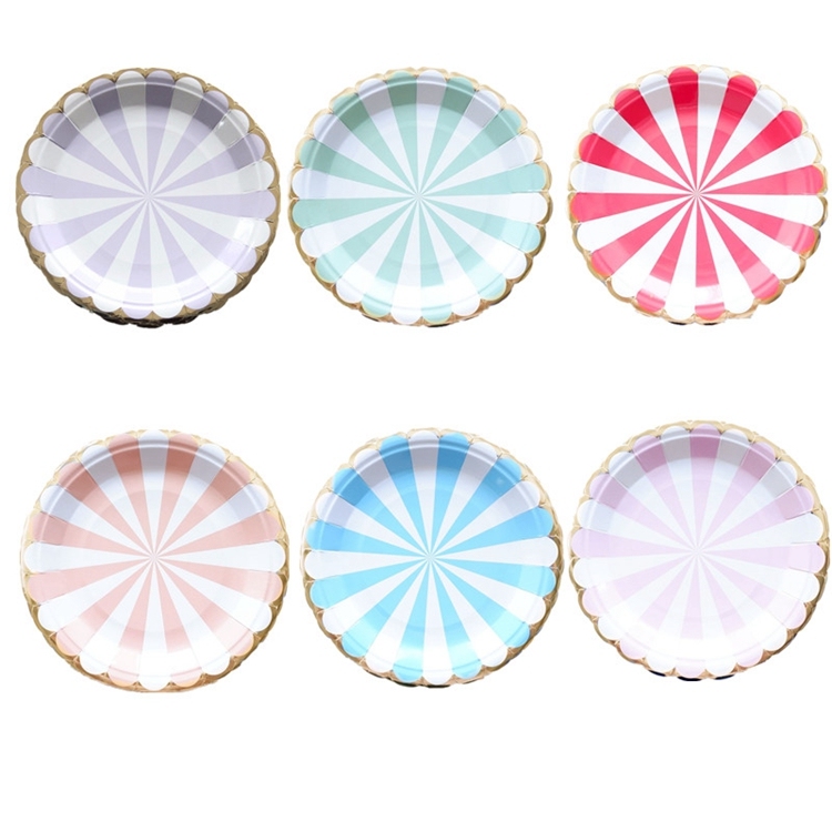 Coloré Rayé Papier Assiettes Ustensiles Papier Rose Ensembles de Vaisselle Plaque Pour La Fête D'anniversaire De Mariage Décor