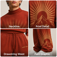Survêtement personnalisé à col montant avec motif montagne rayonnant, pantalon de jogging à cordon de serrage, streetwear décontracté imprimé pour homme