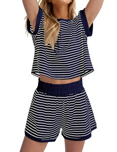 Women Striped Two <b>Piece</b> Shorts <b>Set</b> Casual Contrast Color Short Sleeve Top and Shorts Outfit Breathable Loose Fit - Product Image 6