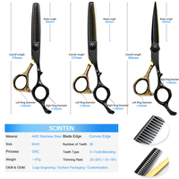 Ensemble professionnel de ciseaux à cheveux pour droitiers, acier inoxydable 440C, 6 pouces, noir et or, ciseaux à effiler, pour salon de coiffure