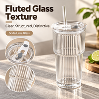 Gobelet en verre de 600 ml avec paille et couvercle, transparent, à nervures, pour café et boissons froides, vente en gros, logo personnalisé