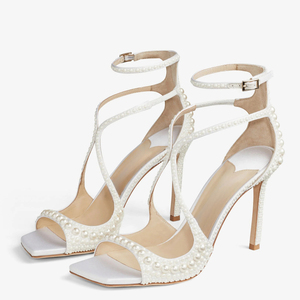 Sandales à talons hauts pour femme, bout carré ouvert, avec perles et brides croisées, style mariage, talon aiguille, design de marque, été - Product Image 5
