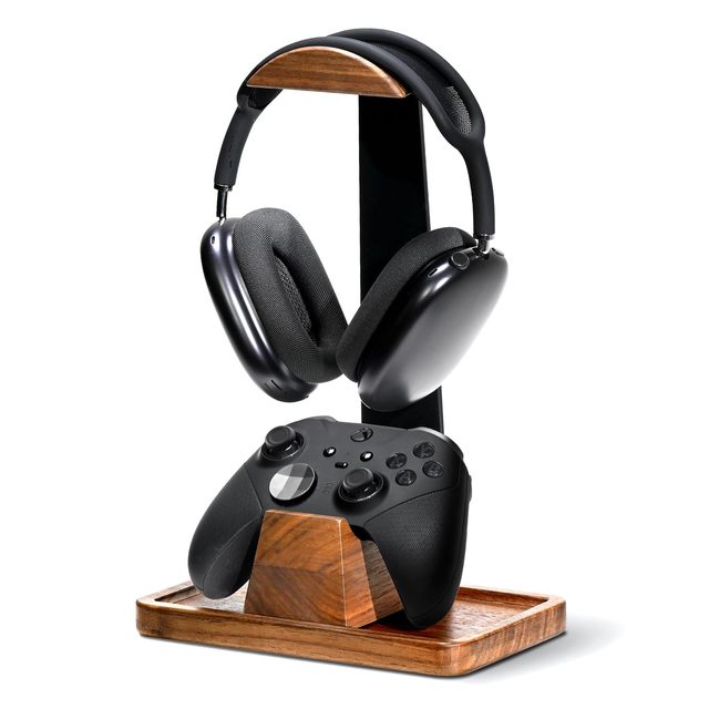 2-in-1 Double Headset Stand Gaming Controller Holder Walnut Wood Storage Base Space Saving Customizable Gaming Accessories for