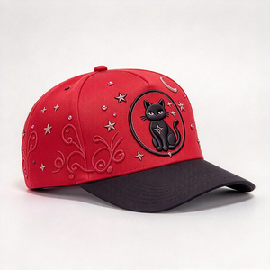 Gorra de Béisbol de 5 Paneles de Perfil Alto de Algodón Sarga con Bordado 3D en Relieve Negra para Decoración de Diamantes de Imitación de Estrellas, Lunas y Celestiales al por Mayor - Product Image 4