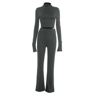 Viviblook D25ST426 Autumn Women's Clothing Set High Collar Long <b>Sleeves</b> Crop <b>Top</b> High Waist Flared Pants Set - Product Image 5