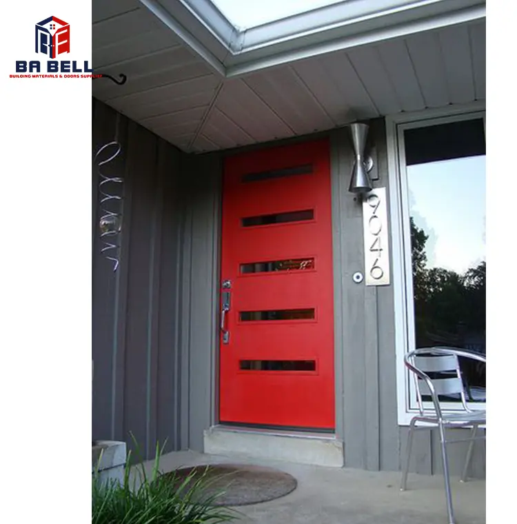 Insertos de cristal rojo para casa de apartamento, puerta exterior de lujo, puertas de pintura de color madera, puerta de entrada principal de acero