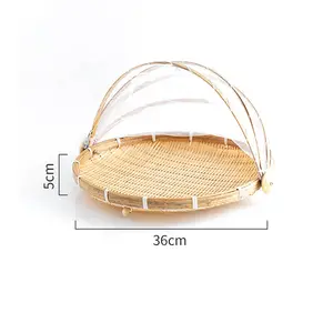 Bamboo Woven Round Food Tent and Plate Serving Cover Dining Outdoor Picnic to Keep Out Flies Bugs Mosquitoes Storage Basket Tray