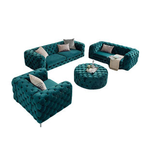 आधुनिक 3-सीटर चेस्टरफील्ड आर्म वेल्वेट टफ्टेड सेशनल सोफा सोफे सेट स्टेनलेस स्टील बेस चमड़े के लिविंग रूम होटल फर्नीचर - Product Image 4