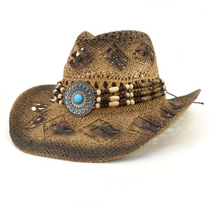 Sombrero de paja de <span class=keywords><strong>vaquero</strong></span> occidental con flores tejidas a mano sombrero de paja de papel Fedora de Jazz tejido a mano - Product Image 1