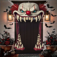 Housse de porte Halloween Clown effrayant – Design visuel monstre à grande bouche pour décoration de porte d'entrée ou de fête d'effroiement