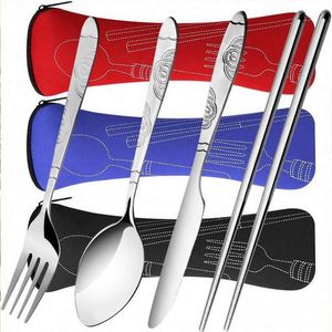 Juego de cubiertos de acero inoxidable de cinco piezas estilo chino nuevo con bolsa de tela, cuchillo y tenedor para carne con acabado cepillado, para exportación. - Product Image 2