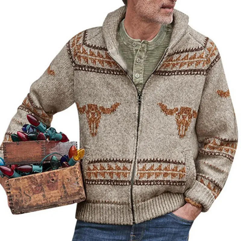 western style sueter manga larga hombre cowboy bull jacquard knitted shawl collar zip up sweater