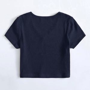 Camiseta con cuello en V para mujer de color sólido, ajustada, acanalada, de punto, teñido liso, características comprimidas para mujer - Product Image 2