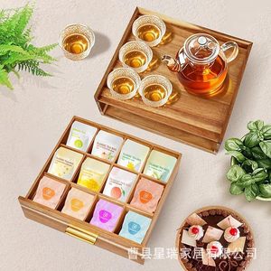 Wooden Drawer Storage <b>Box</b> <b>Tea</b> Bag Organizer Rectangular Foldable With Lid Natural Wood Color Standing Type - Product Image 1