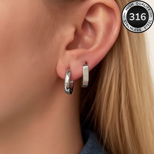 2 paires de boucles d'oreilles carrées minimalistes européennes et américaines, en acier titane, plaquées or, géométriques, simples, style ins - Product Image 2