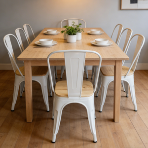 Sedia da pranzo per interni ed esterni, bianco perla, con struttura in metallo e seduta in legno, impilabile, per fattoria, caffè, ristorante, bistrot, patio - Product Image 3