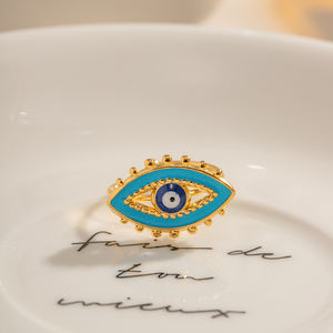 Bijoux de luxe plaqué or 18K bague mauvais yeux en acier inoxydable émail bleu anneau oeil réglable pour les femmes - Product Image 5