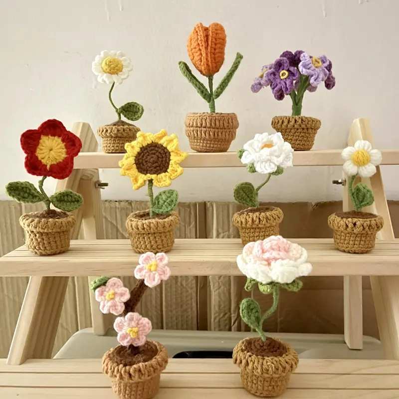 Mini Potted Knitting Flowers Lovely Sunflower Tulip Rose Small Daisy Crochet Homemade Office Decoration Car Decoration