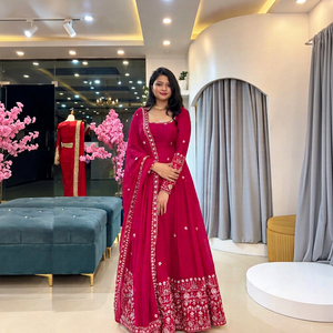 Women's <b>Red</b> Embroidered <b>Lehenga</b> Set With Gold Border Traditional Indian Pakistani Wedding Wear Floor-Length Loose Fit - Product Image 1