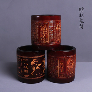Bamboo Pen Holder Carved Lanting Preface Eight Horses Round Chinese Style Craft Artwork For Calligraphy Writing - Product Image 5