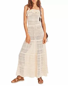 2021 Casual Lady Summer Women Crochet White Lace Maxi Dress