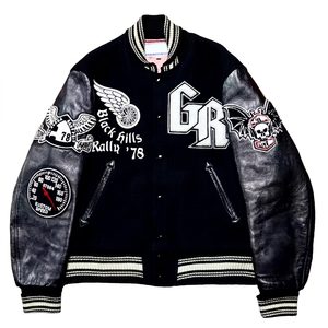 Veste universitaire unisexe noire avec manches en cuir, motifs brodés, style motard, col rabattu, coupe classique, logo personnalisé - Product Image 1