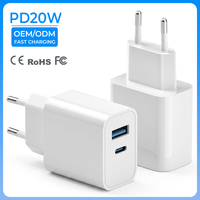 Cargador GaN de 20W con Enchufe Europeo OEM/ODM, PD/QC3.0, 1A1C, USB-C, Cargador Rápido de Pared para Teléfonos Móviles, Laptops, Relojes Inteligentes y Cámaras