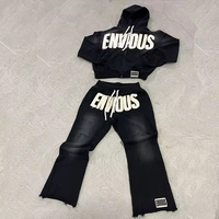 Conjunto Deportivo Personalizado para Hombre con Logotipo de Calavera, Lavado Ácido Desteñido, Algodón, Sudadera con Capucha Vintage de Buena Calidad con Estampado