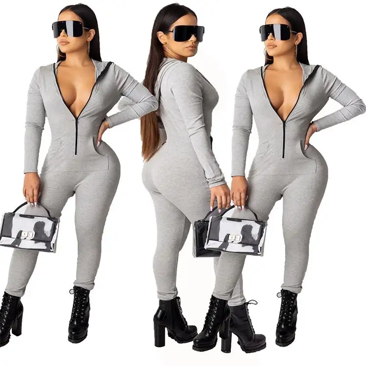 9S03975 Modieuze Grijs Rib Stof Hooded Pocket Lange Jumpsuit Vrouwen Rompertjes Jumpsuits Sexy