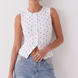 Canotta a Costine con Bottoni e Pois, 95% Viscosa 5% Elastan, da Donna, Vestibilità Slim, Stile Y2K, Top Corto per Uscire, Estate 2026 - Product Image 2