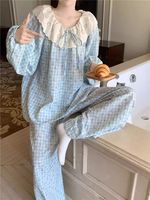 Piyama Elegan untuk Wanita Versi Korea Gaya Putri Manis Gaun Tidur Lengan Panjang Longgar Motif Kotak-kotak Bunga Kecil Set Dua Potong