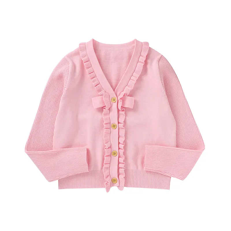 100% Cotton Little Girl Clothes 6-12 Years Girls' Jackets Solid Pink Long Sleeve Cardigans mit Ruffles Autumn Spring