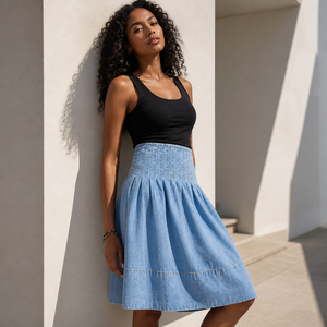 <span class=keywords><strong>Jupe</strong></span>-<span class=keywords><strong>culotte</strong></span> en <span class=keywords><strong>jean</strong></span> taille haute smockée délavée pour femme, plissée, coupe large, mi-longue évasée, tendance été vintage - Product Image 2
