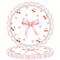 Assiettes, gobelets et serviettes en papier jetables modernes roses cerise avec nœuds mignons pour fêtes d'anniversaire pour adultes
