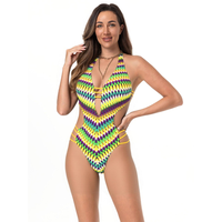 Maillot de bain une pièce sexy à imprimé géométrique, col en V, dos nu, avec ceinture, pour femme, style string, fabrication OEM sur mesure