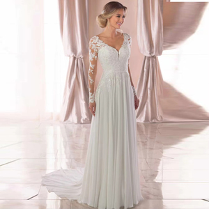 S0571N Nuevo <span class=keywords><strong>Vestido</strong></span> <span class=keywords><strong>de</strong></span> <span class=keywords><strong>Novia</strong></span> <span class=keywords><strong>de</strong></span> Verano con Escote en V, Estilo Bohemio, <span class=keywords><strong>de</strong></span> Gasa, Largo hasta el Suelo, Natural, para <span class=keywords><strong>Playa</strong></span>, con Manga Larga Ilusión y Apliques <span class=keywords><strong>de</strong></span> Encaje - Product Image 5