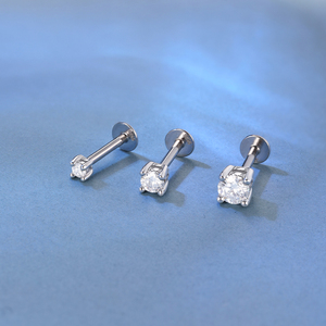 Flat Back 925 <b>Sterling</b> <b>Silver</b> Moissanite <b>Cartilage</b> Stud <b>Earrings</b> Minimalist Flower Triangle Four Prong Threaded Piercing Jewelry - Product Image 6