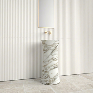 Lujoso Lavabo de Pedestal de Ónix Calacatta Gold OEM con Diseño Rústico Ondulado y Vetas Crema-Doradas para Baños Contemporáneos Elegantes en Malasia - Product Image 1