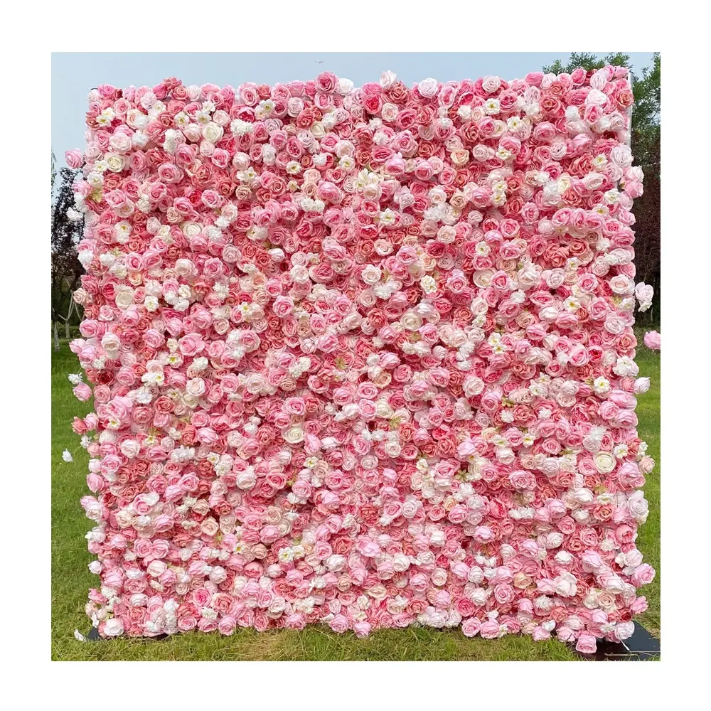 5D Artificial Luxury Hot Candy Light Deep Dark Blusher Pink Flowers Fake Flower Walls Roll Up Flower Wall For Wedding Decoration